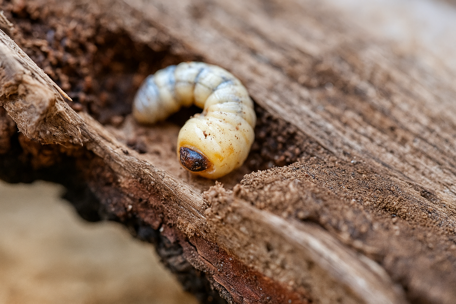 Larve in aangetaste balk