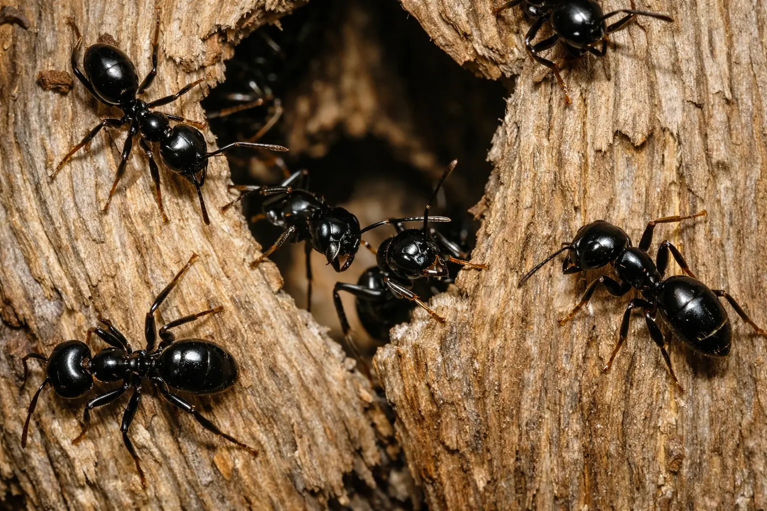 Glanzende houtmier (Lasius fuliginosus) – glanzend donker, kan in holtes en (oud) hout nestelen