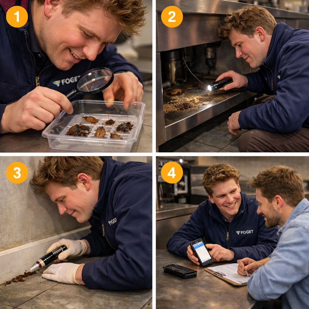 Werkwijze kakkerlakken bestrijden: determinatie, sporenonderzoek, behandeling van naden en kieren en nazorg