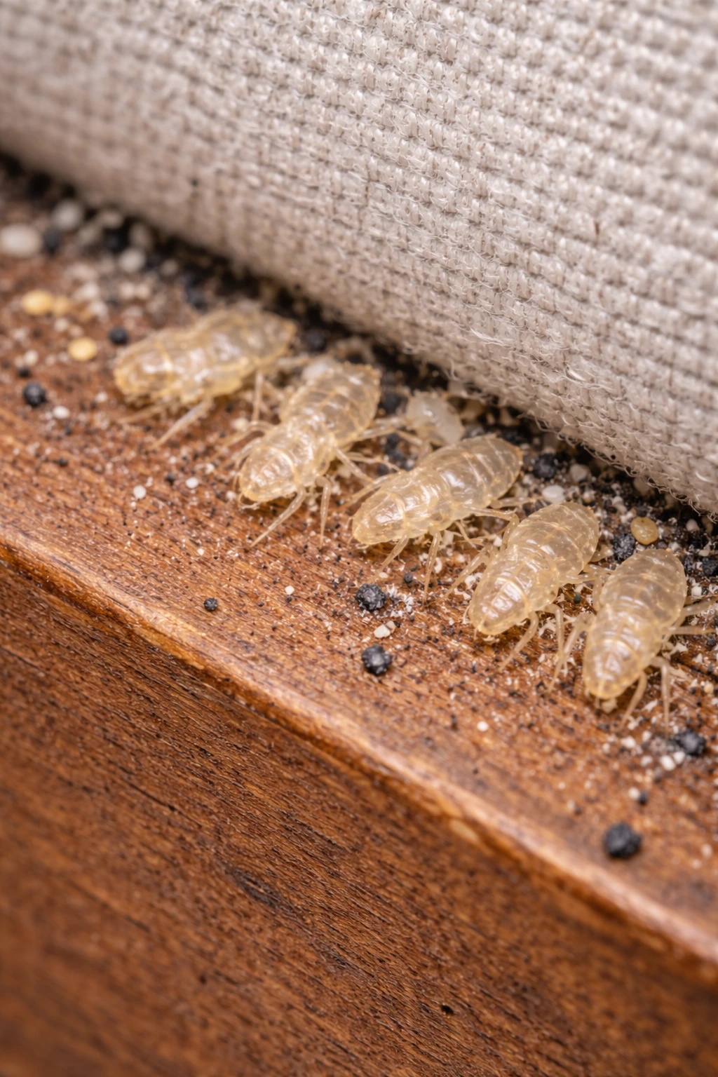 Vervellingshuidjes (nimfen) bij een hoofdbord of bedframe